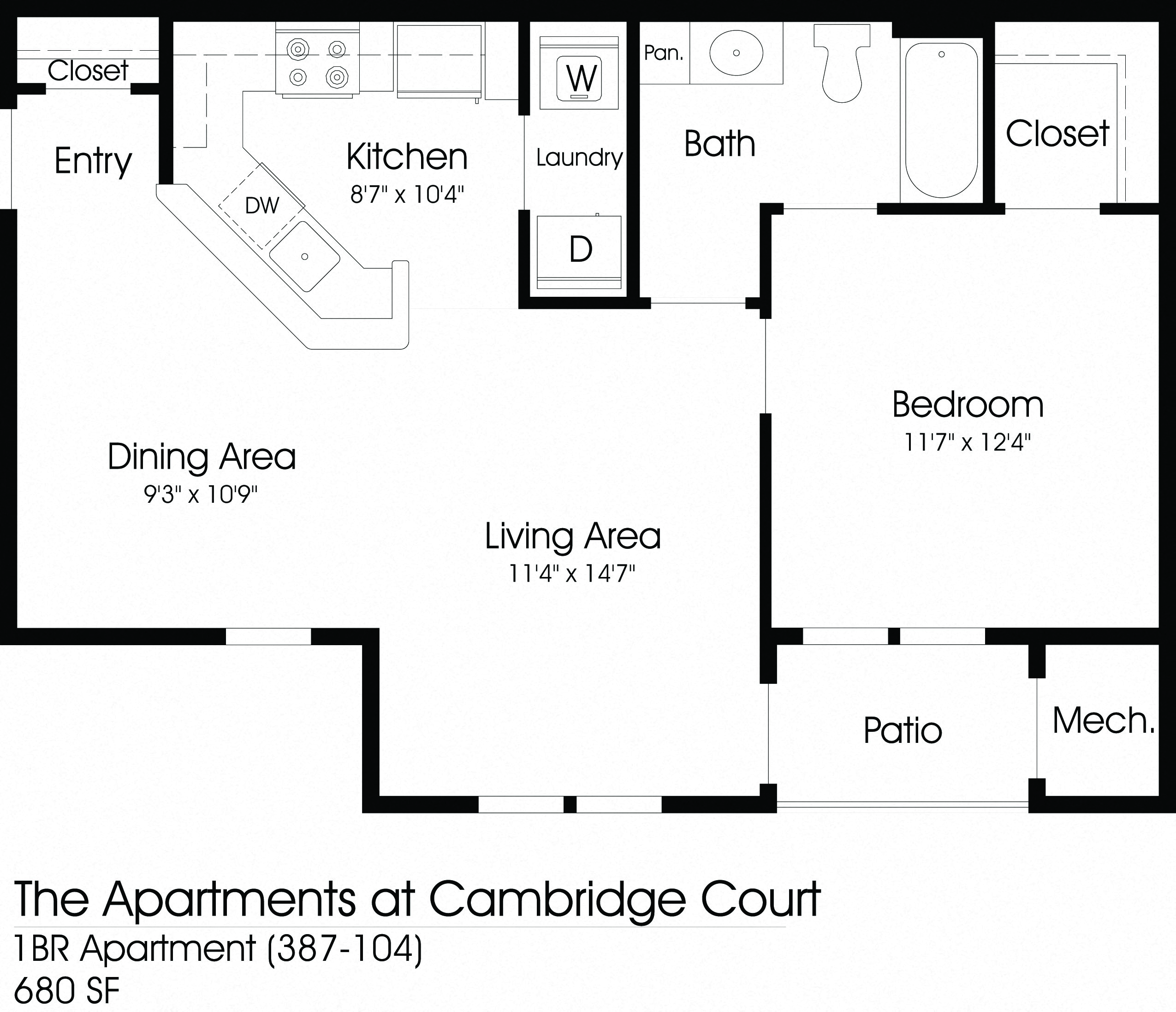 Floor plan for 1 bed, 1 bath, 680 sqft