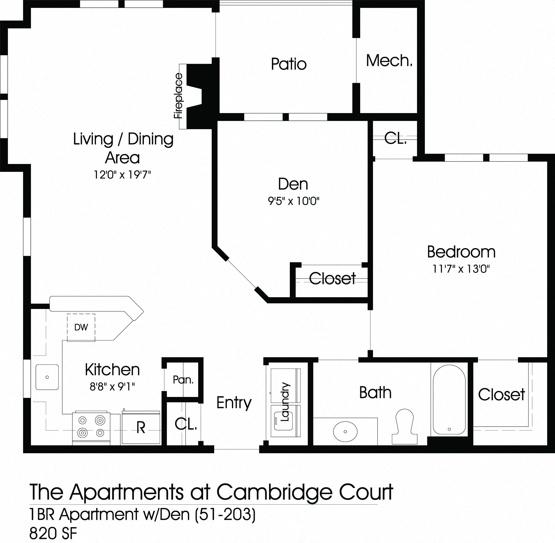 Floor plan for 1 bed, 1 bath, 880 sqft