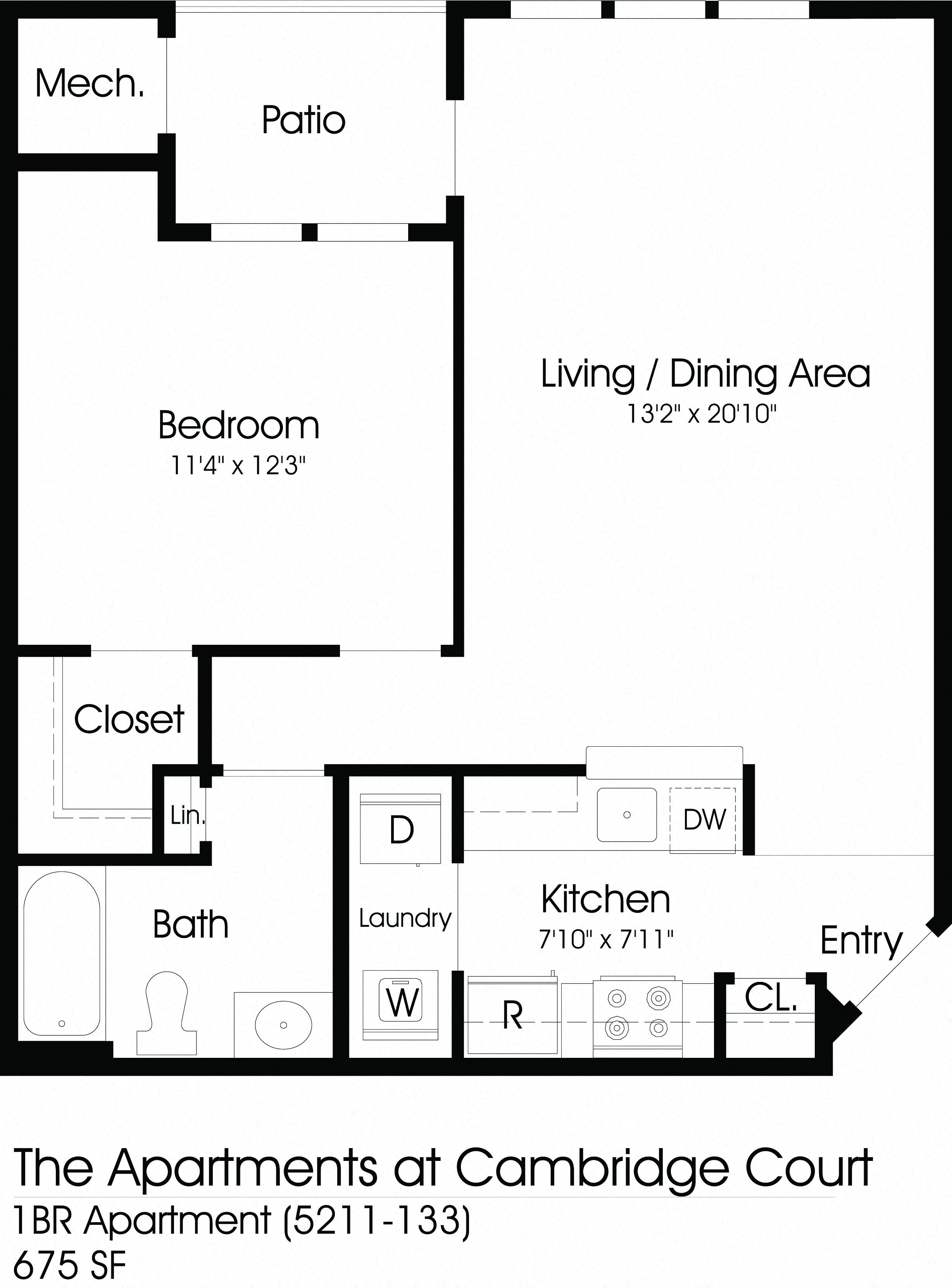 Floor plan for 1 bed, 1 bath, 675 sqft