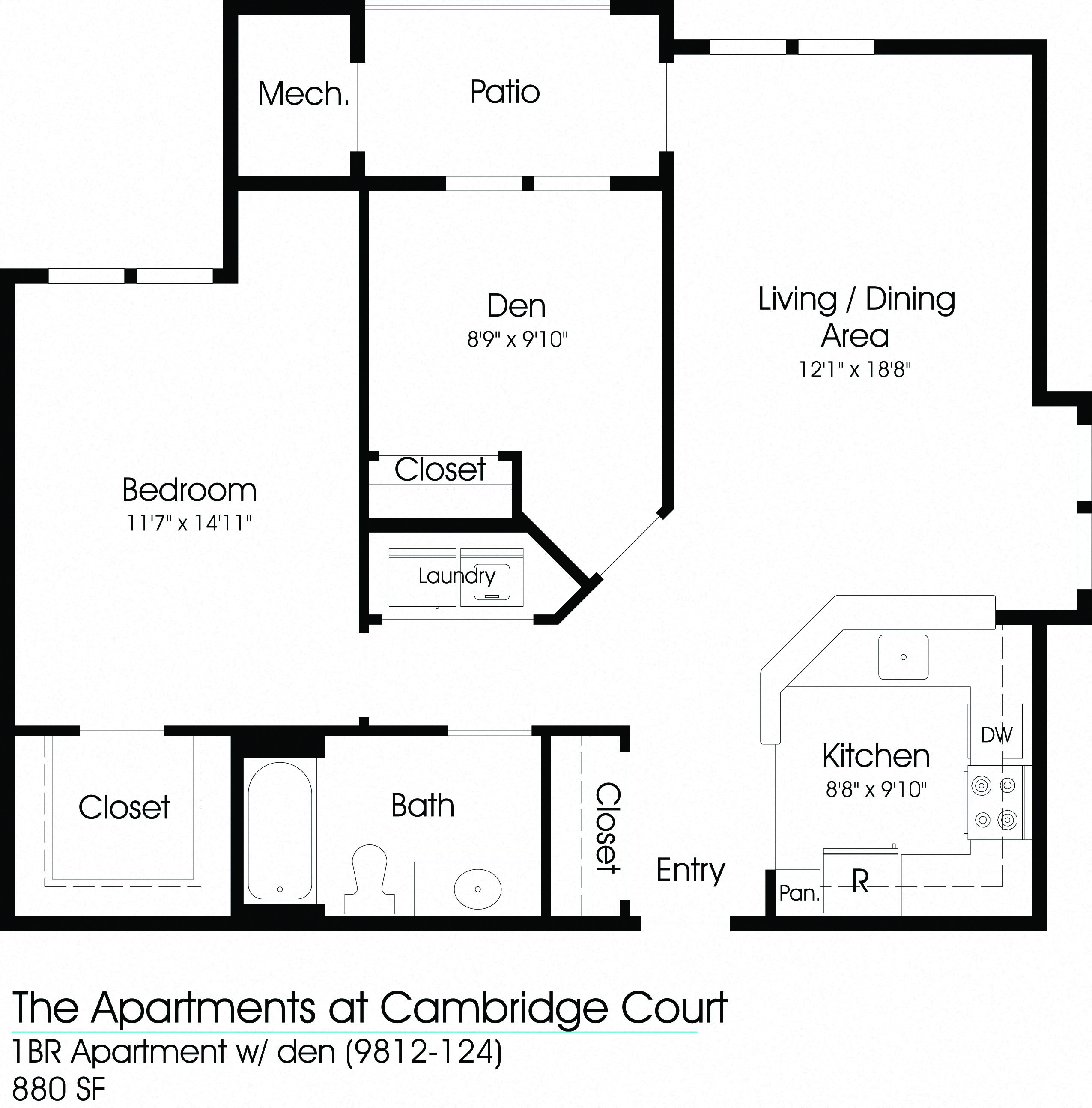 Floor plan for 1 bed, 1 bath, 880 sqft