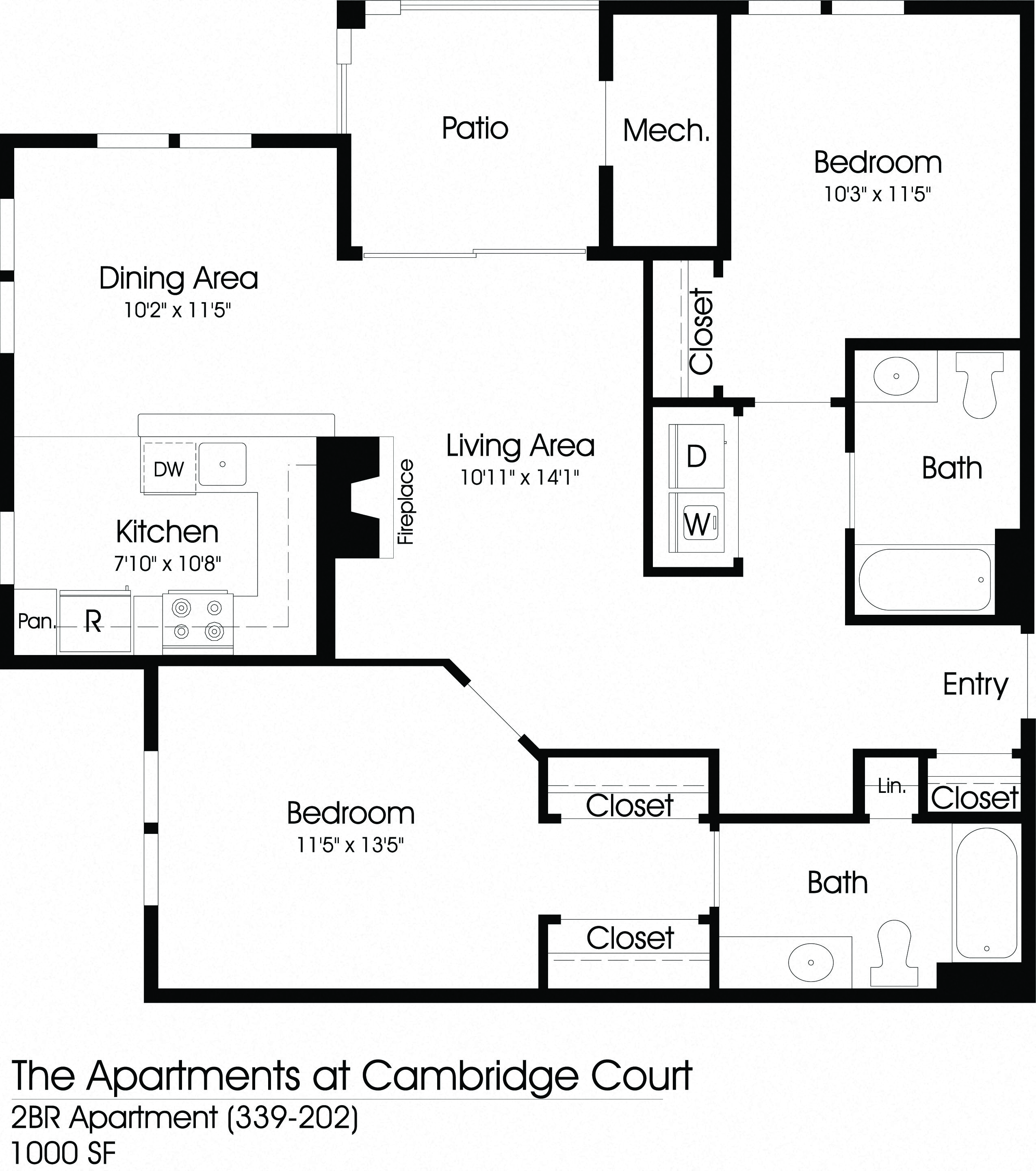 Floor plan for 2 beds, 2 baths, 1000 sqft
