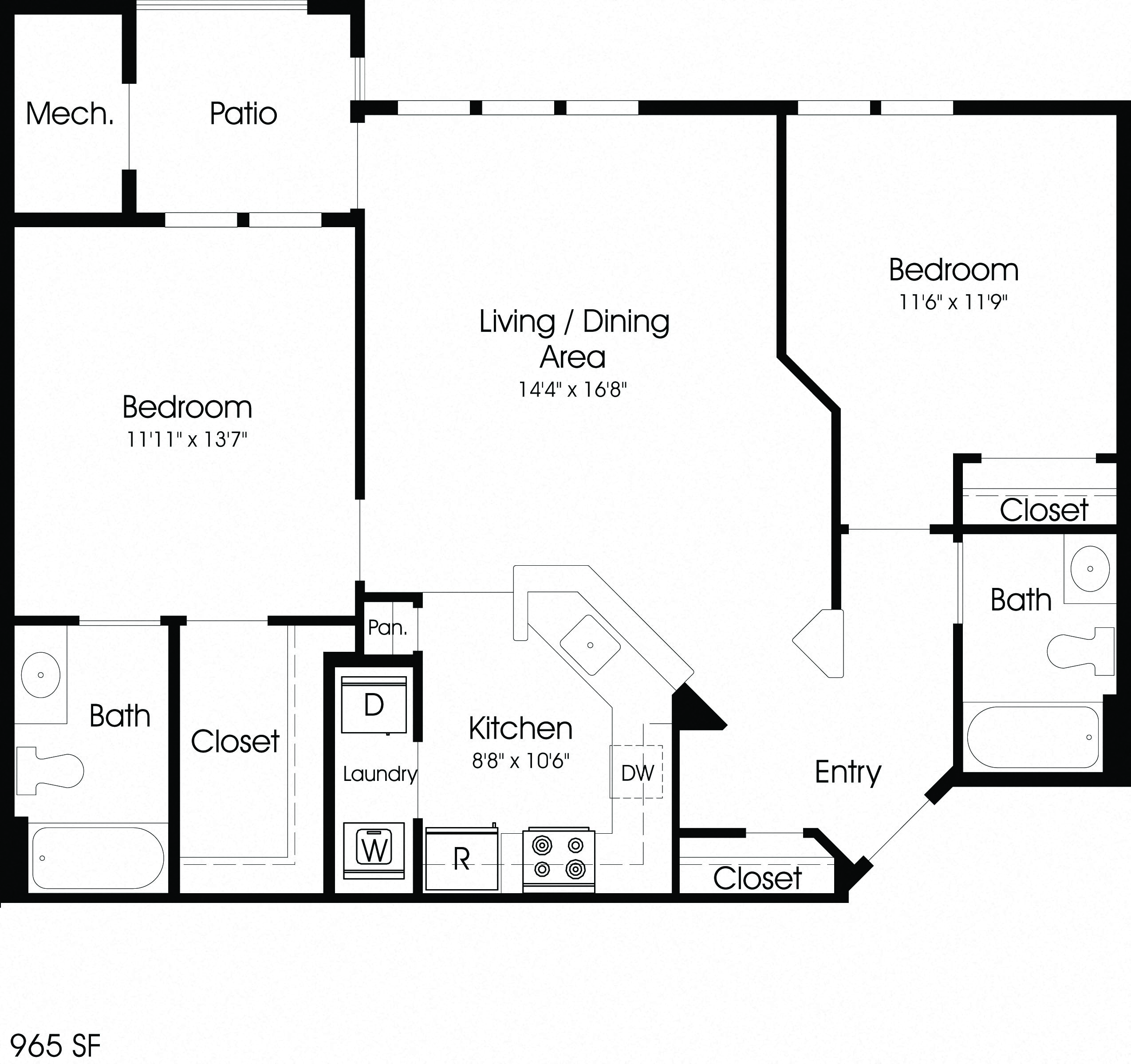 Floor plan for 2 beds, 2 baths, 965 sqft