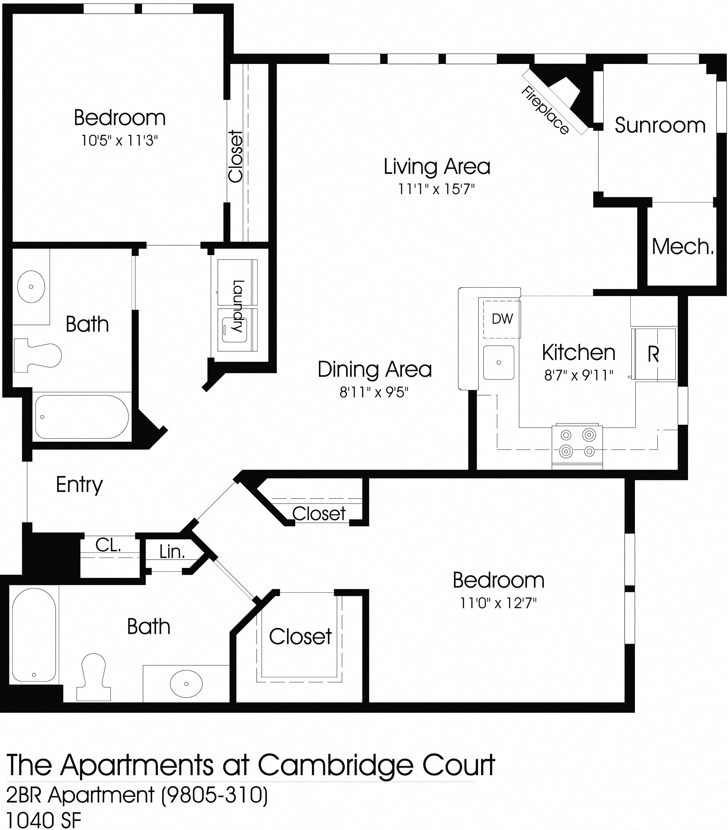 Floor plan for 2 beds, 2 baths, 1040 sqft