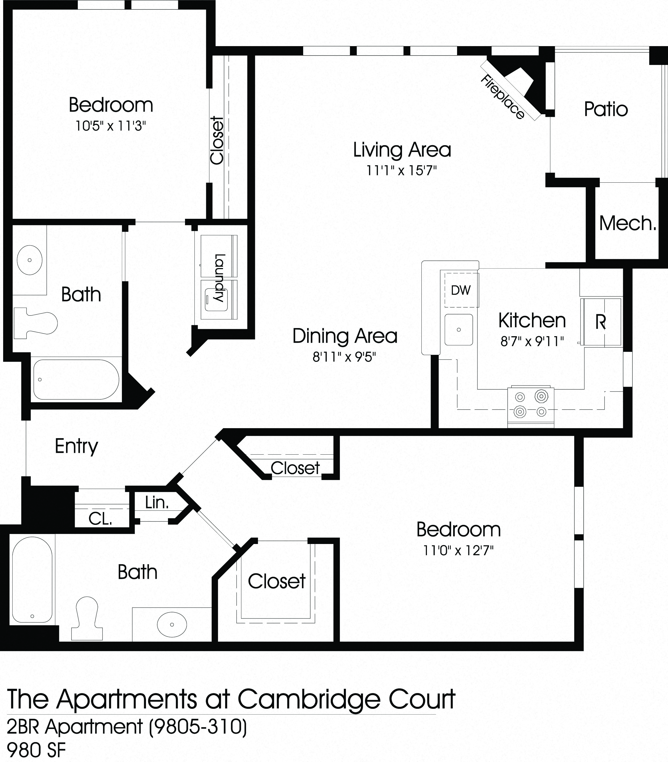 Floor plan for 2 beds, 2 baths, 980 sqft
