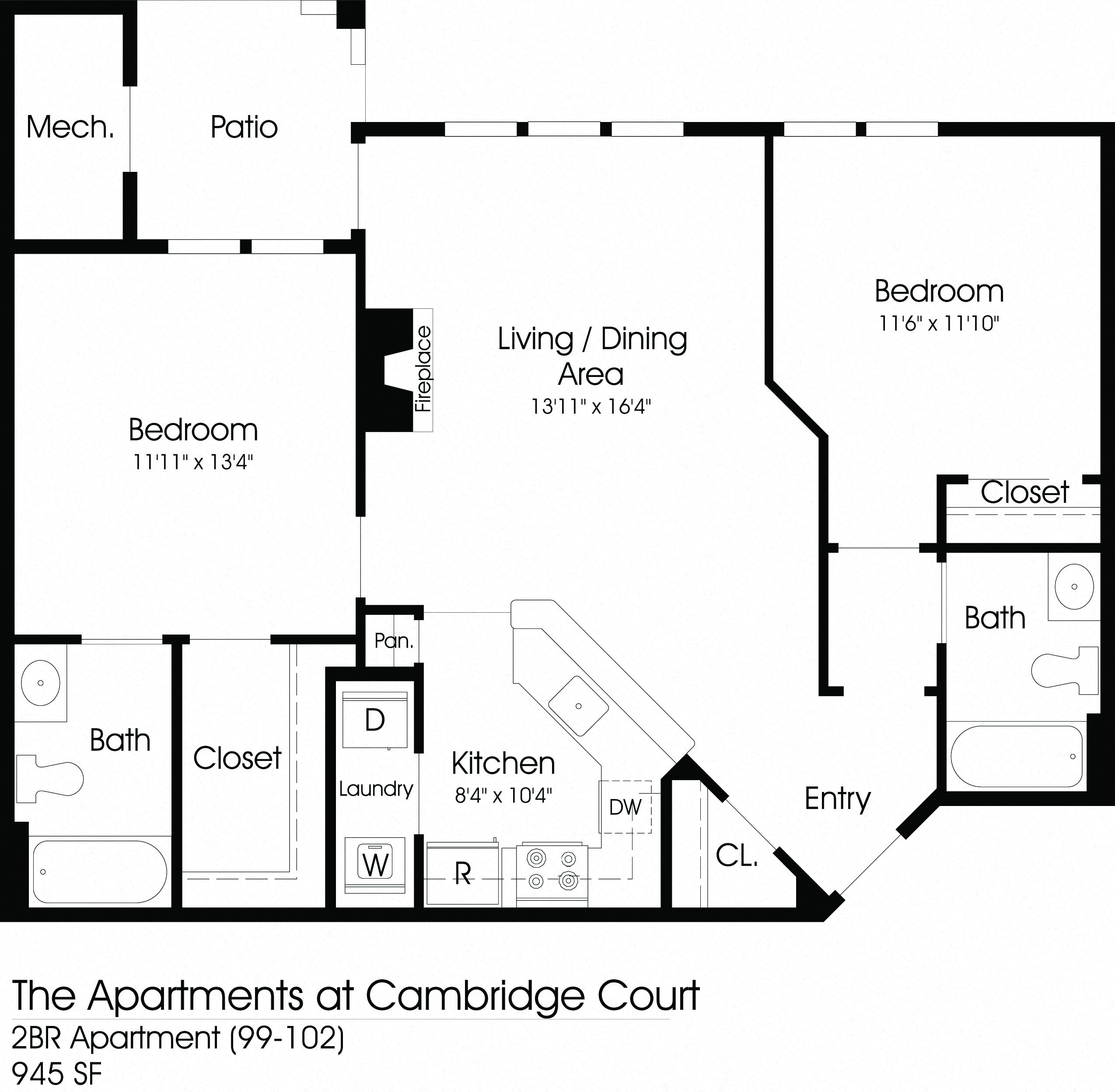 Floor plan for 2 beds, 2 baths, 945 sqft