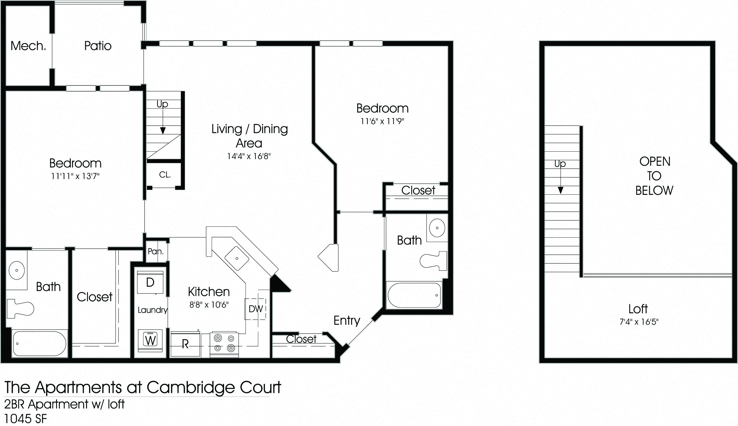 Floor plan for 2 beds, 2 baths, 1045 sqft
