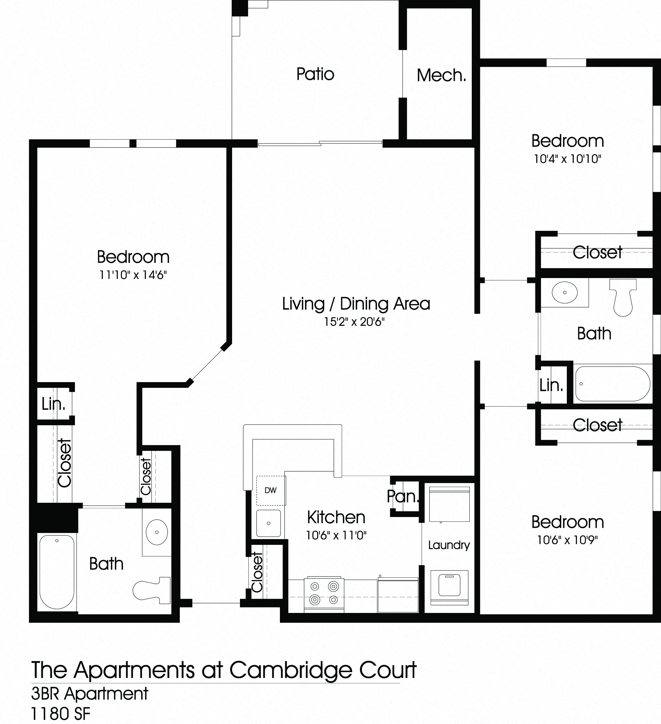 Floor plan for 3 beds, 2 baths, 1180 sqft