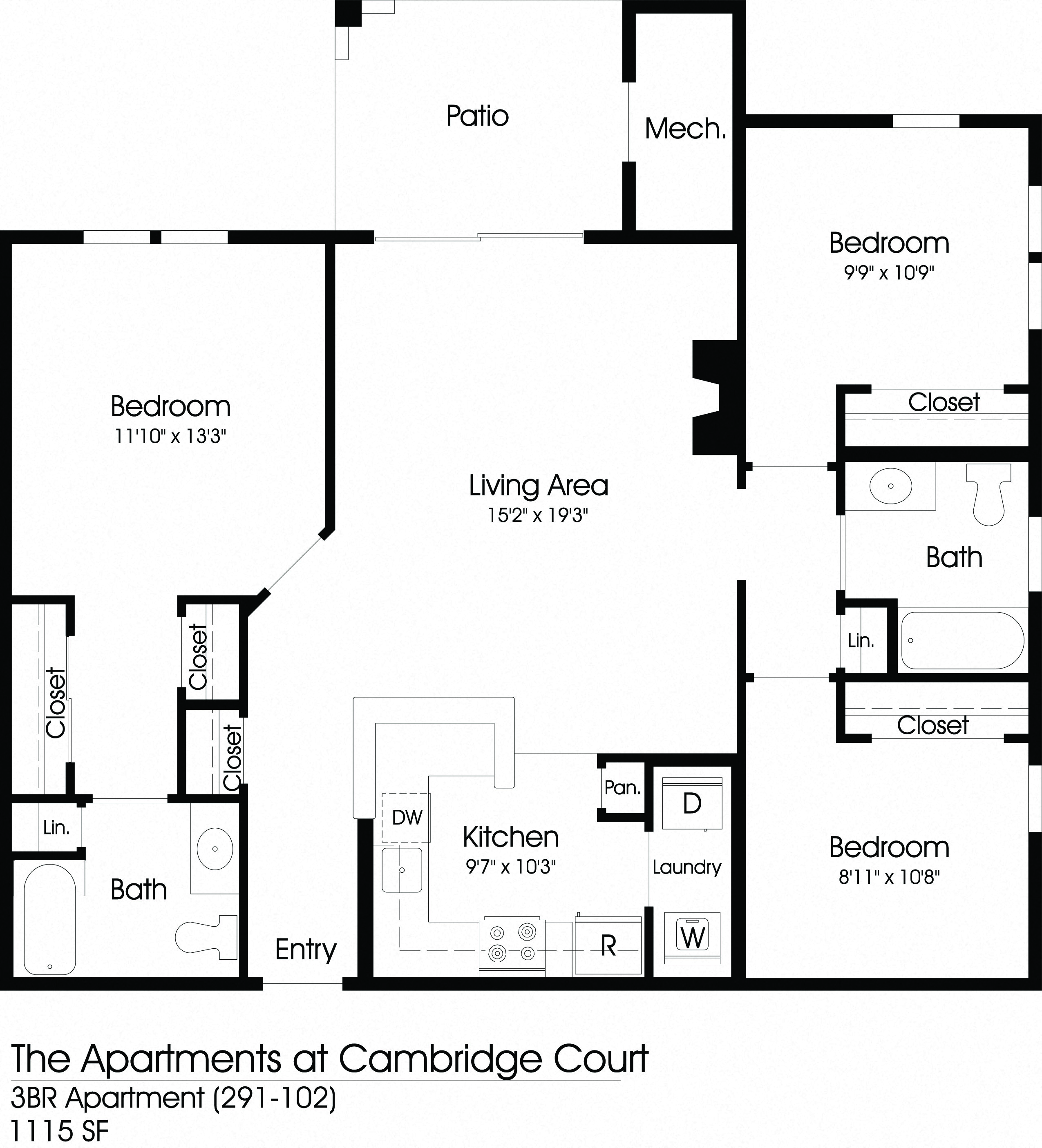 Floor plan for 3 beds, 2 baths, 1115 sqft