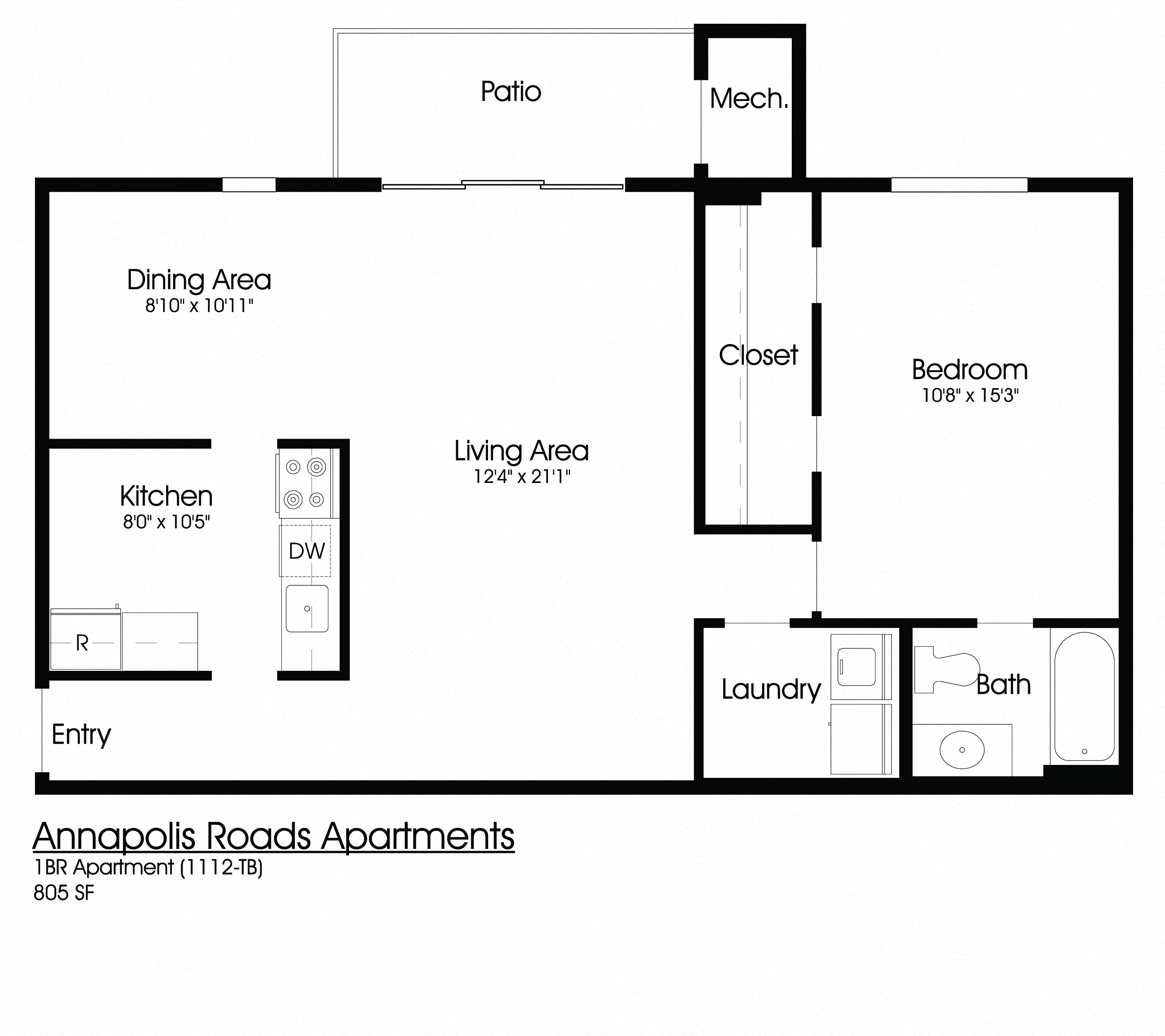 Floor plan for 1 bed, 1 bath, 805 sqft