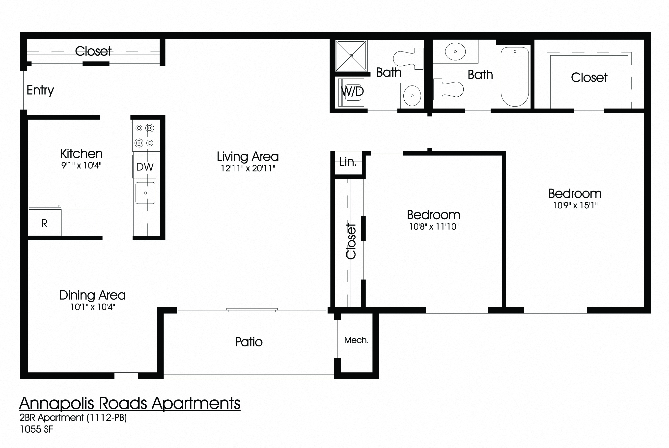Floor plan for 2 beds, 2 baths, 1055 sqft