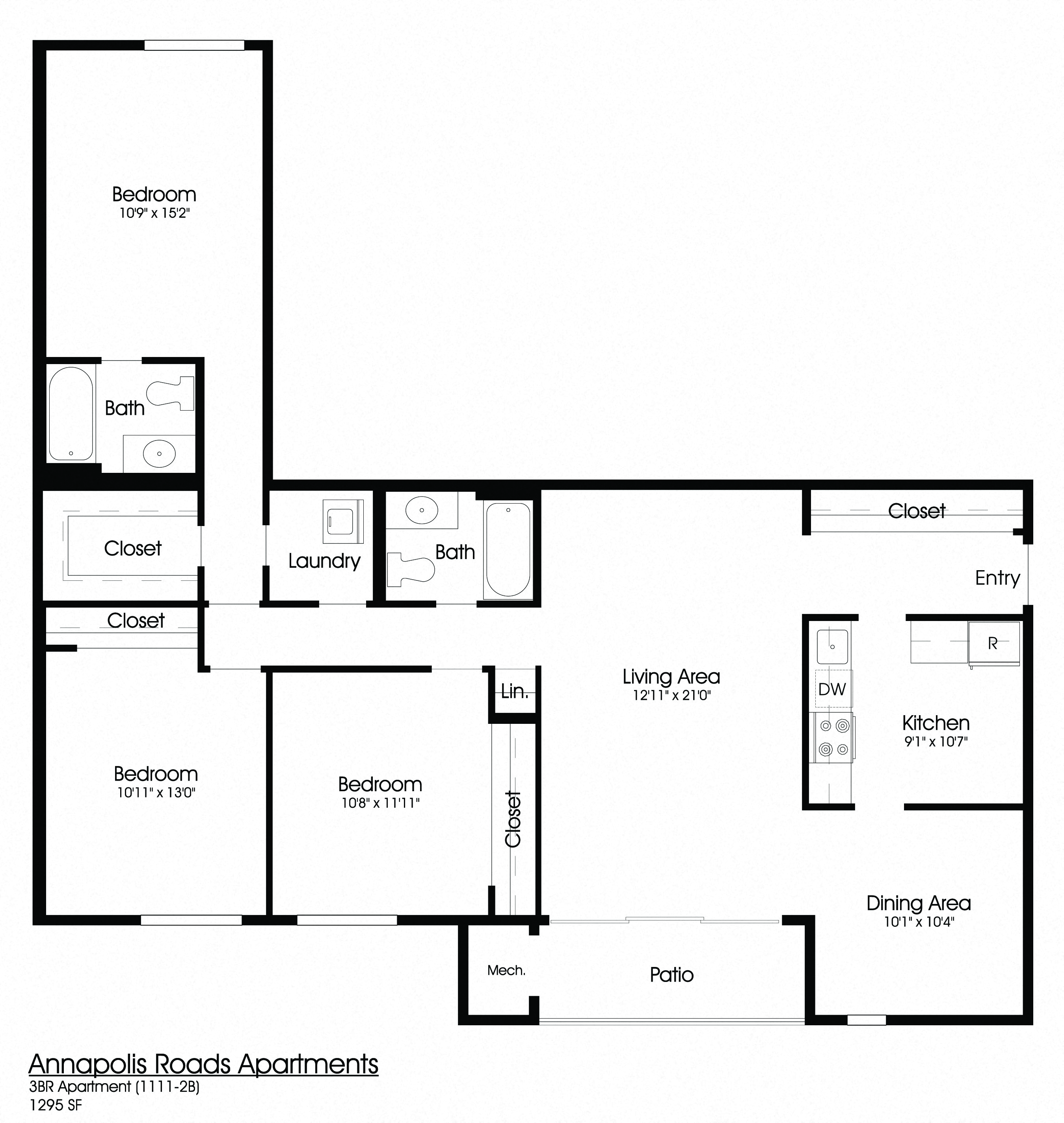 Floor plan for 3 beds, 2 baths, 1295 sqft