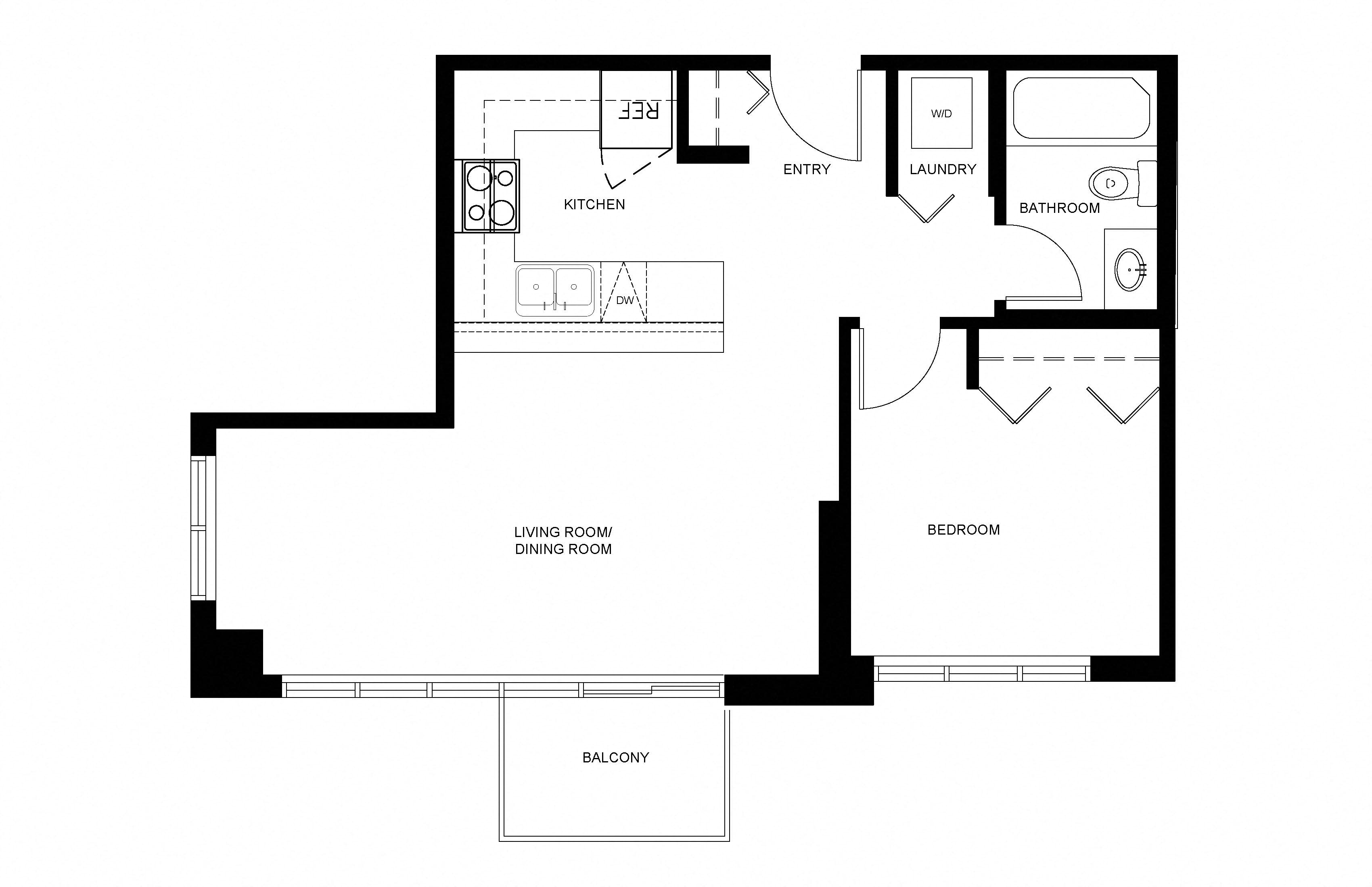 Floor plan for 1 bed, 1 bath, 549 sqft