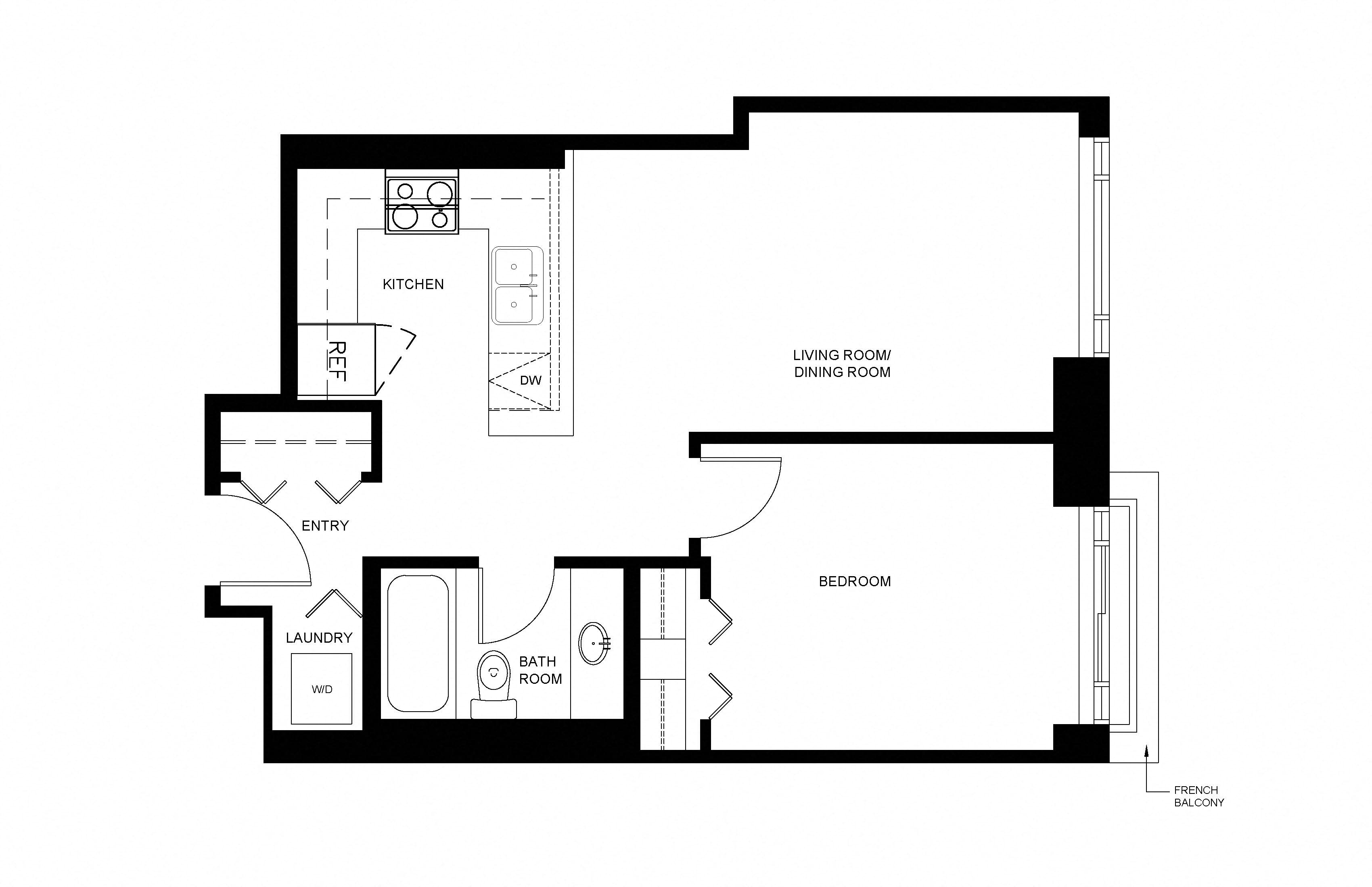 Floor plan for 1 bed, 1 bath, 573 sqft