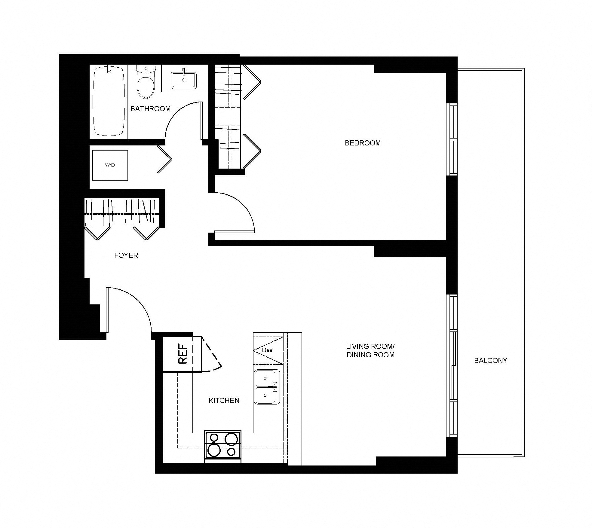 Floor plan for 1 bed, 1 bath, 639 sqft