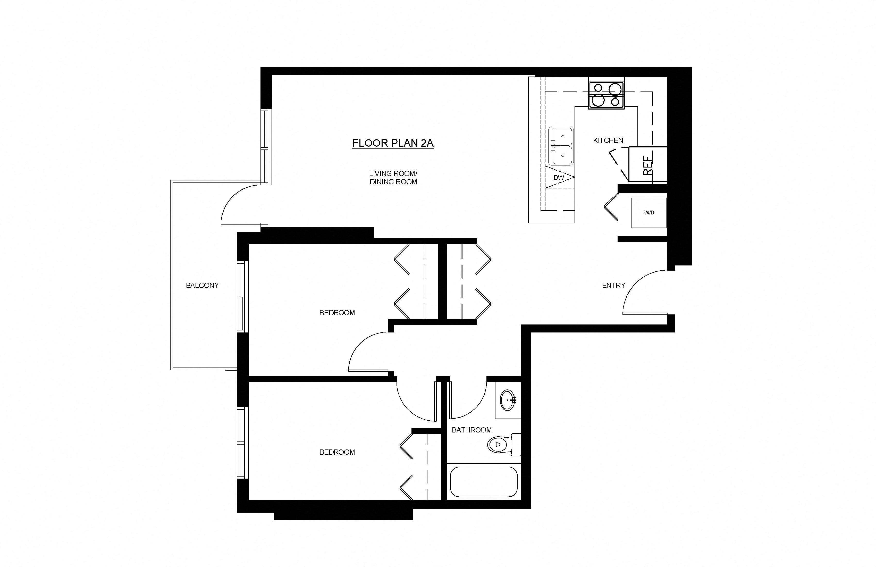 Floor plan for 2 beds, 1 bath, 691 sqft