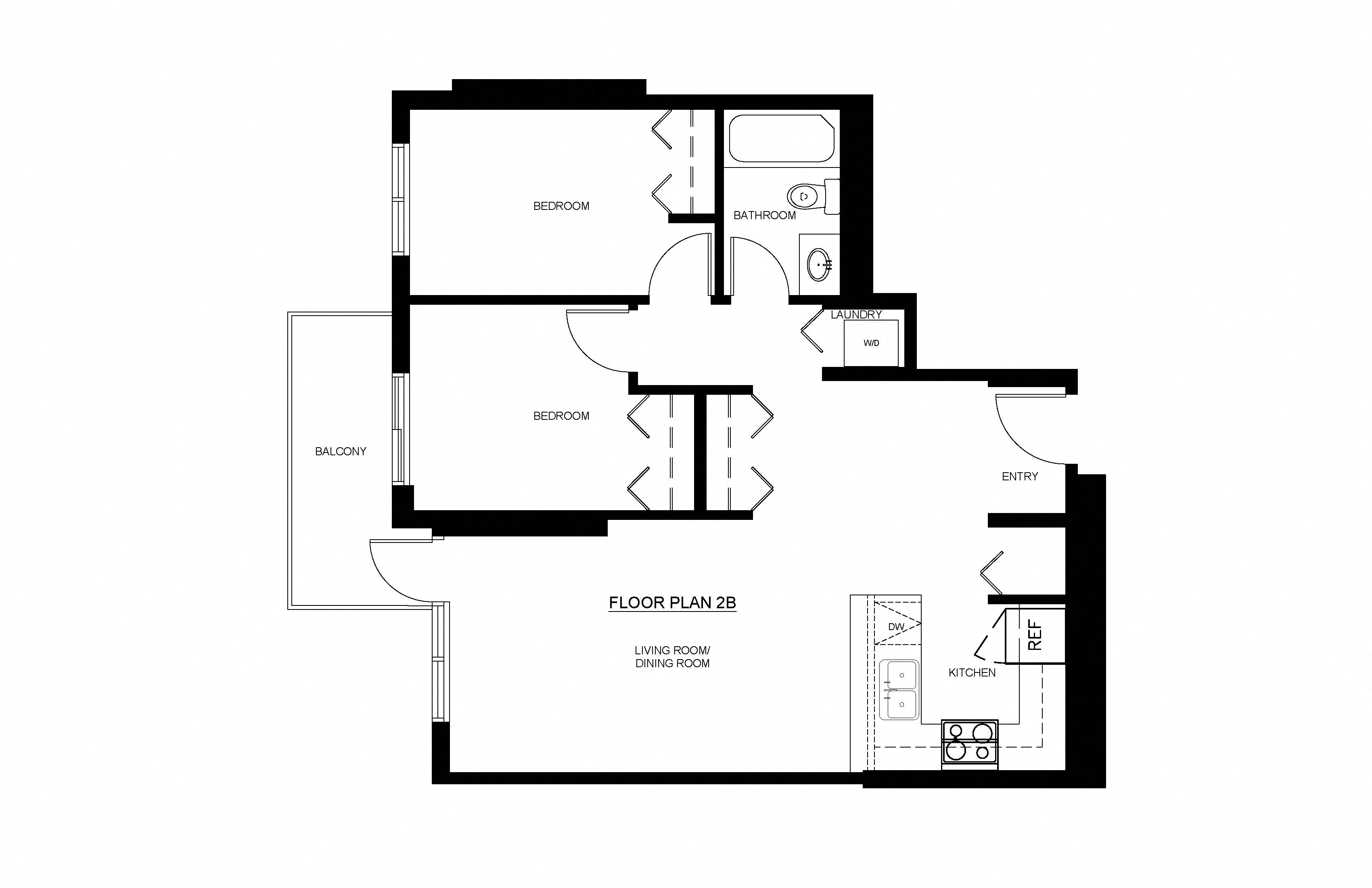 Floor plan for 2 beds, 1 bath, 722 sqft