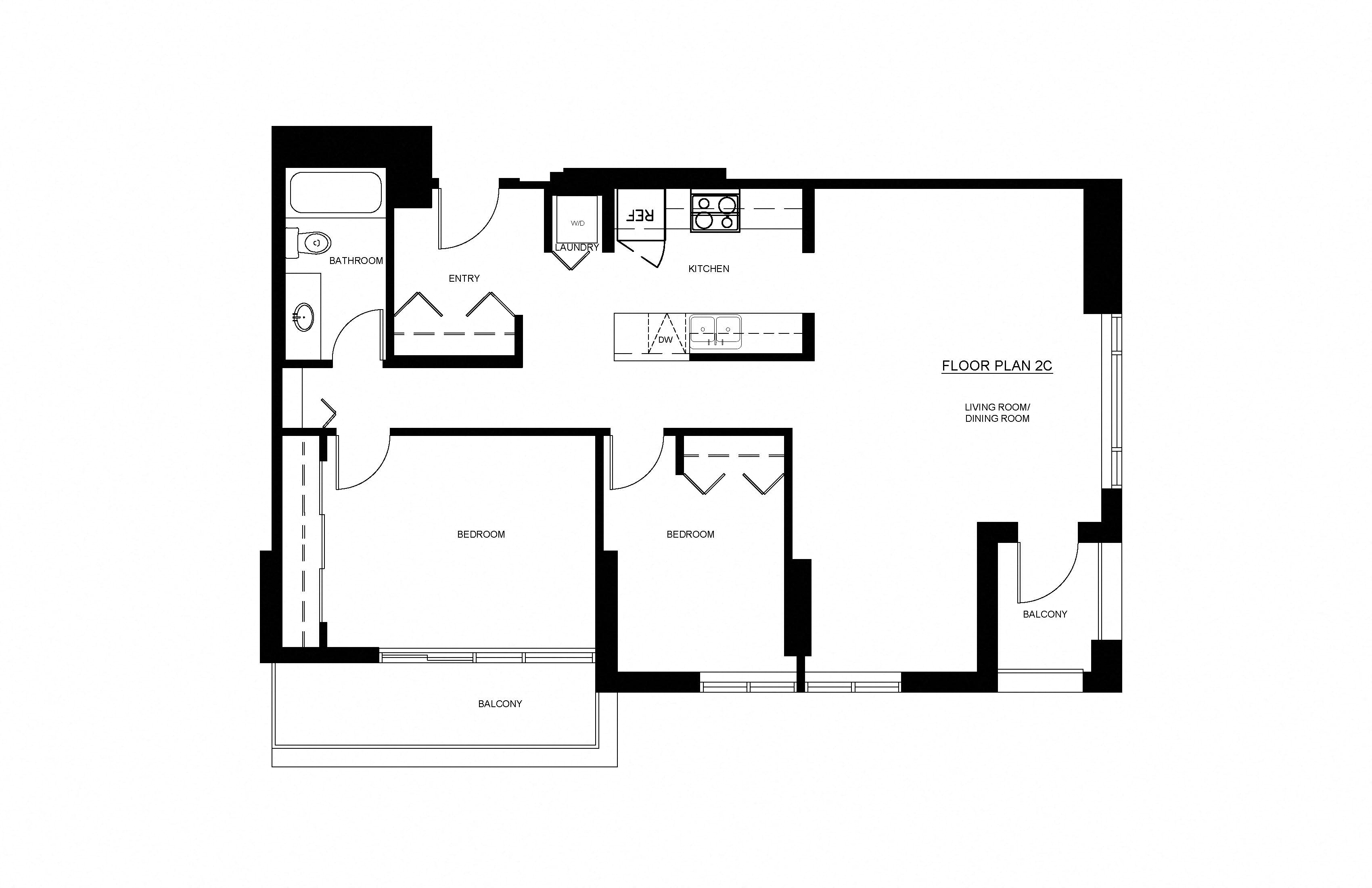 Floor plan for 2 beds, 1 bath, 920 sqft