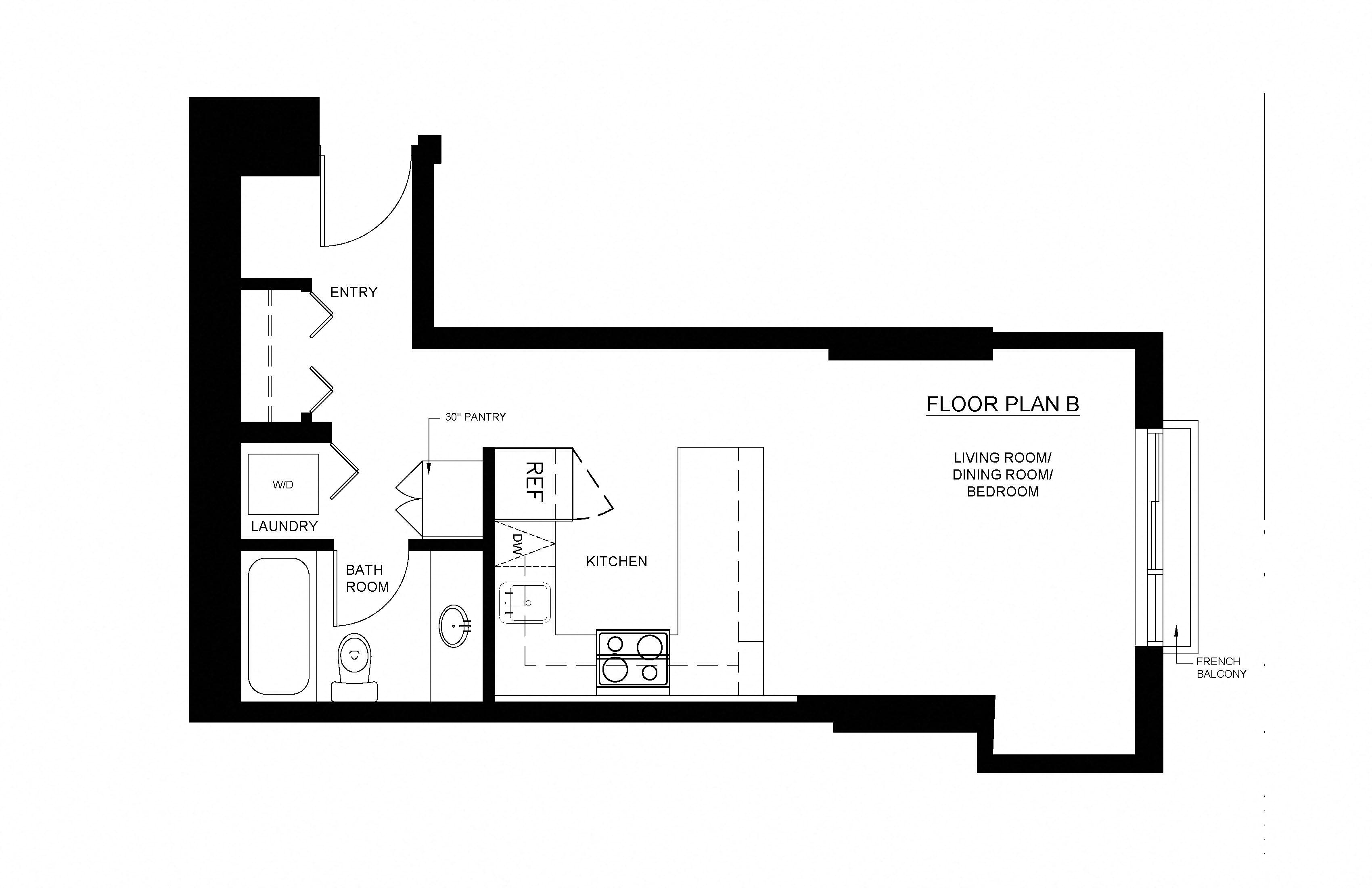 Floor plan for studio, 1 bath, 398 sqft