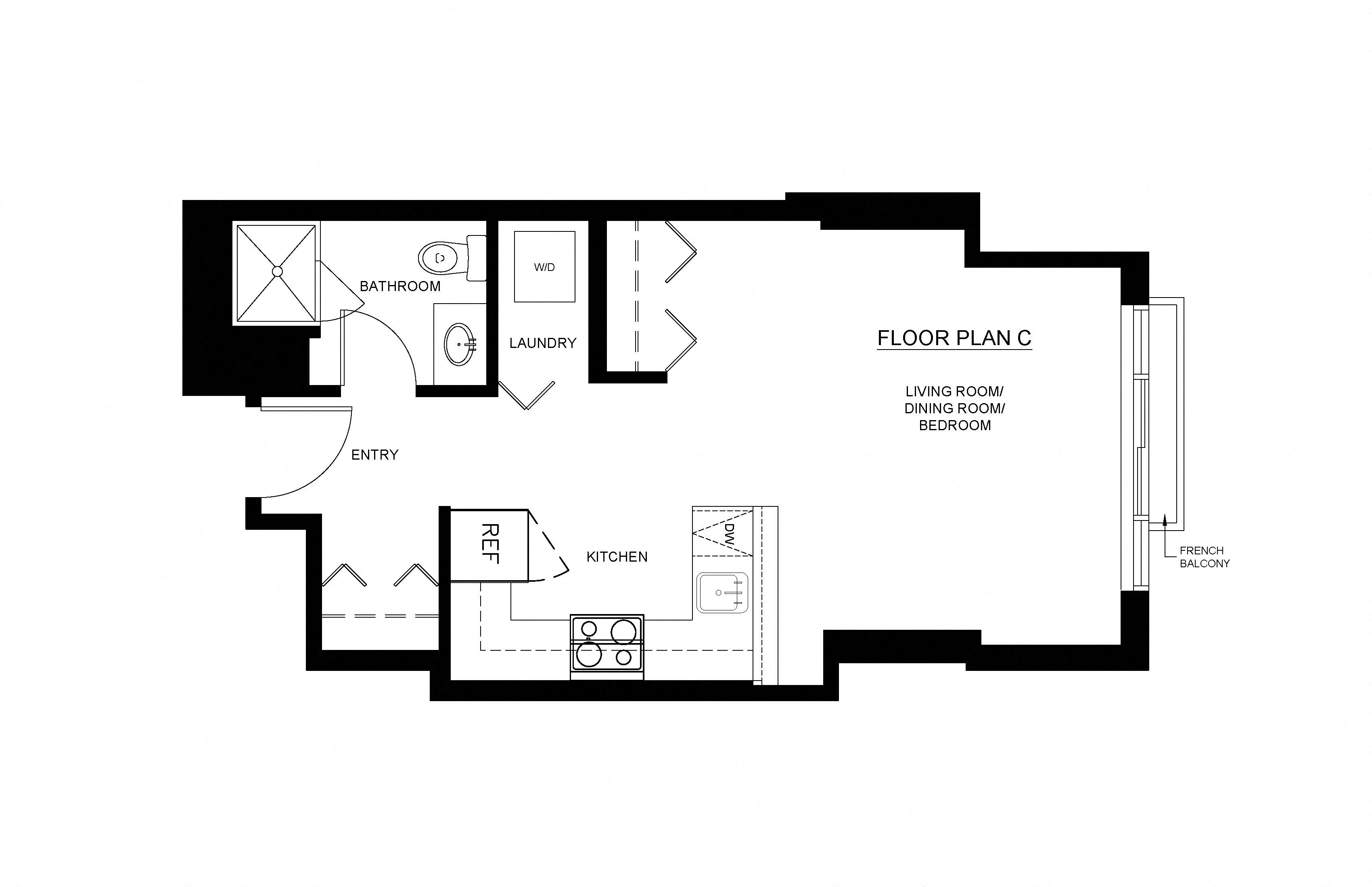 Floor plan for studio, 1 bath, 399 sqft