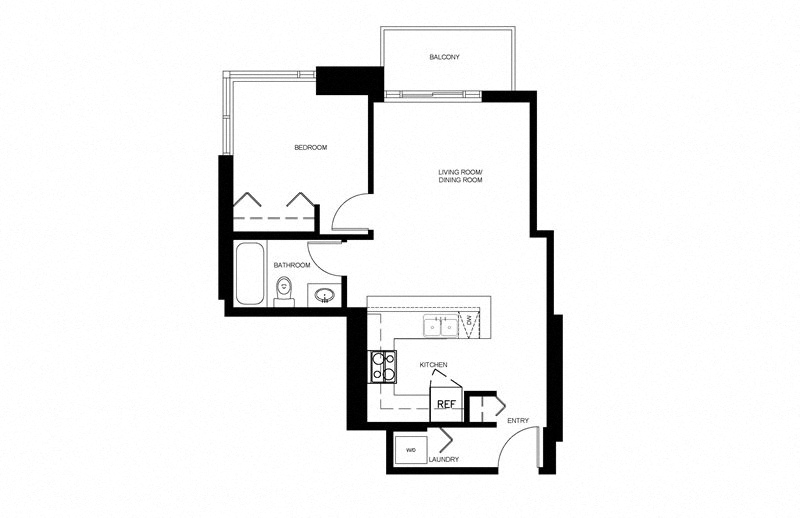Floor plan for 1 bed, 1 bath, 536 sqft