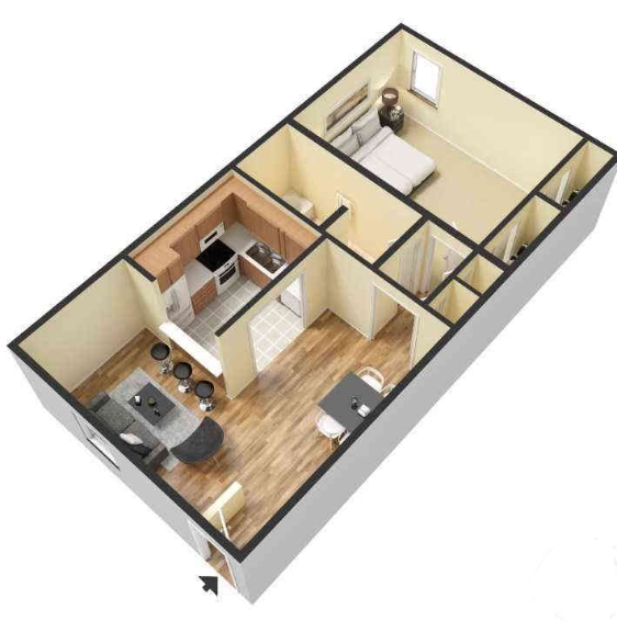 Floor plan for 1 bed, 1 bath, 705 sqft