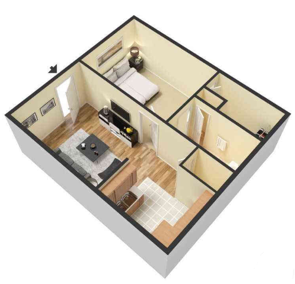 Floor plan for 1 bed, 1 bath, 500 sqft