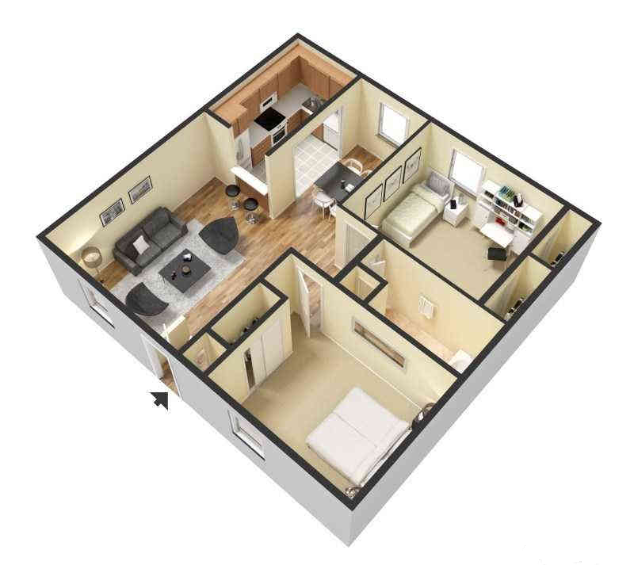 Floor plan for 2 beds, 1 bath, 905 sqft