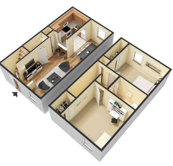 Floor plan for 2 beds, 1.5 baths, 925 sqft