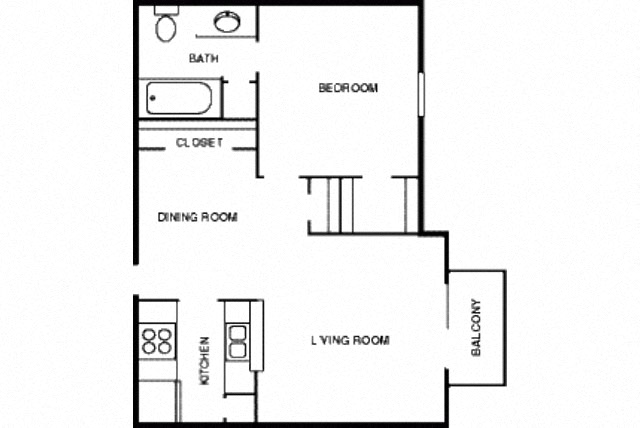 Floor plan for 1 bed, 1 bath, 627 sqft