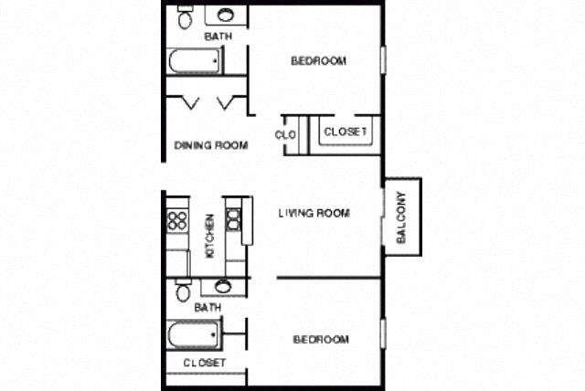Floor plan for 2 beds, 2 baths, 830 sqft