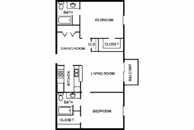 Floor plan for 2 beds, 2 baths, 880 sqft