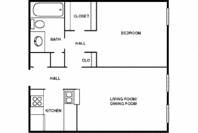 Floor plan for 1 bed, 1 bath, 552 sqft