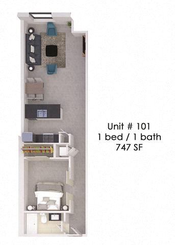 Floor plan for 1 bed, 1 bath, 747 sqft