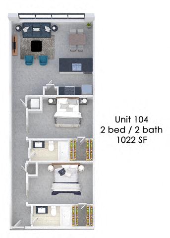 Floor plan for 2 beds, 2 baths, 1022 sqft