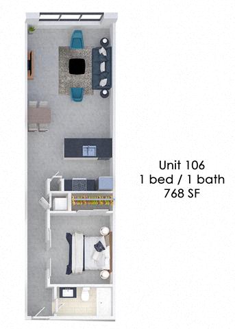 Floor plan for 1 bed, 1 bath, 768 sqft