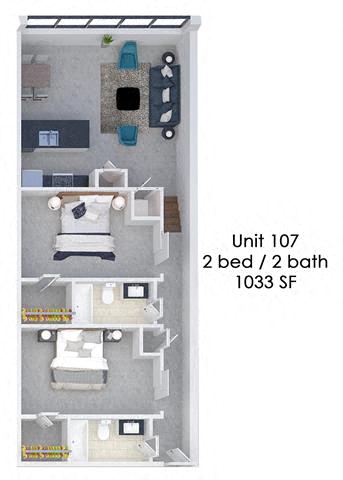 Floor plan for 2 beds, 2 baths, 1033 sqft