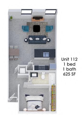 Floor plan for 1 bed, 1 bath, 627 sqft