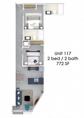 Floor plan for 2 beds, 2 baths, 772 sqft