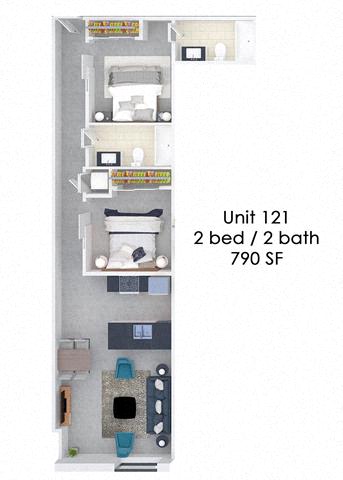 Floor plan for 2 beds, 2 baths, 790 sqft