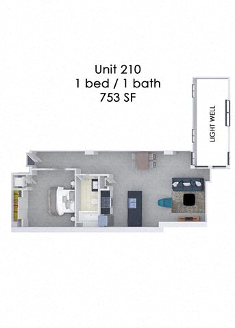 Floor plan for 1 bed, 1 bath, 753 sqft