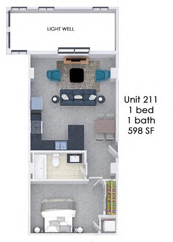Floor plan for 1 bed, 1 bath, 598 sqft