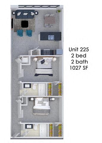 Floor plan for 2 beds, 2 baths, 1027 sqft