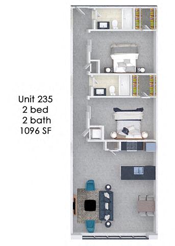 Floor plan for 2 beds, 2 baths, 1096 sqft