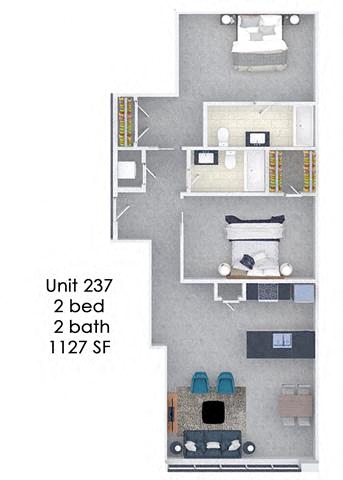 Floor plan for 2 beds, 2 baths, 1127 sqft