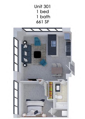 Floor plan for 1 bed, 1 bath, 661 sqft