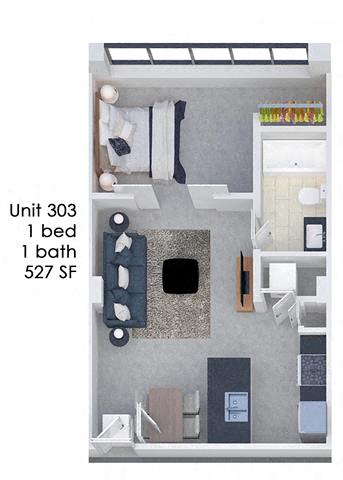 Floor plan for 1 bed, 1 bath, 527 sqft