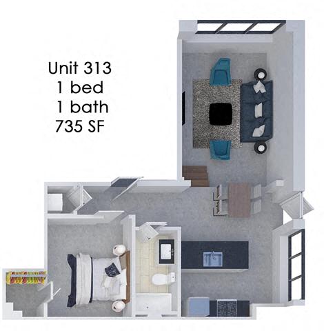 Floor plan for 1 bed, 1 bath, 735 sqft