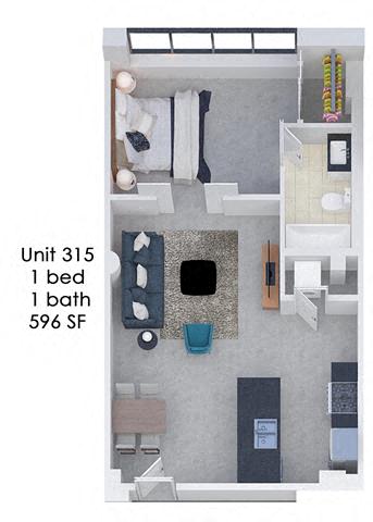 Floor plan for 1 bed, 1 bath, 596 sqft