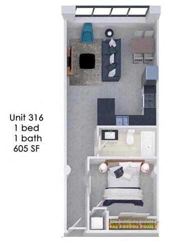 Floor plan for 1 bed, 1 bath, 605 sqft