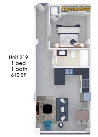Floor plan for 1 bed, 1 bath, 610 sqft